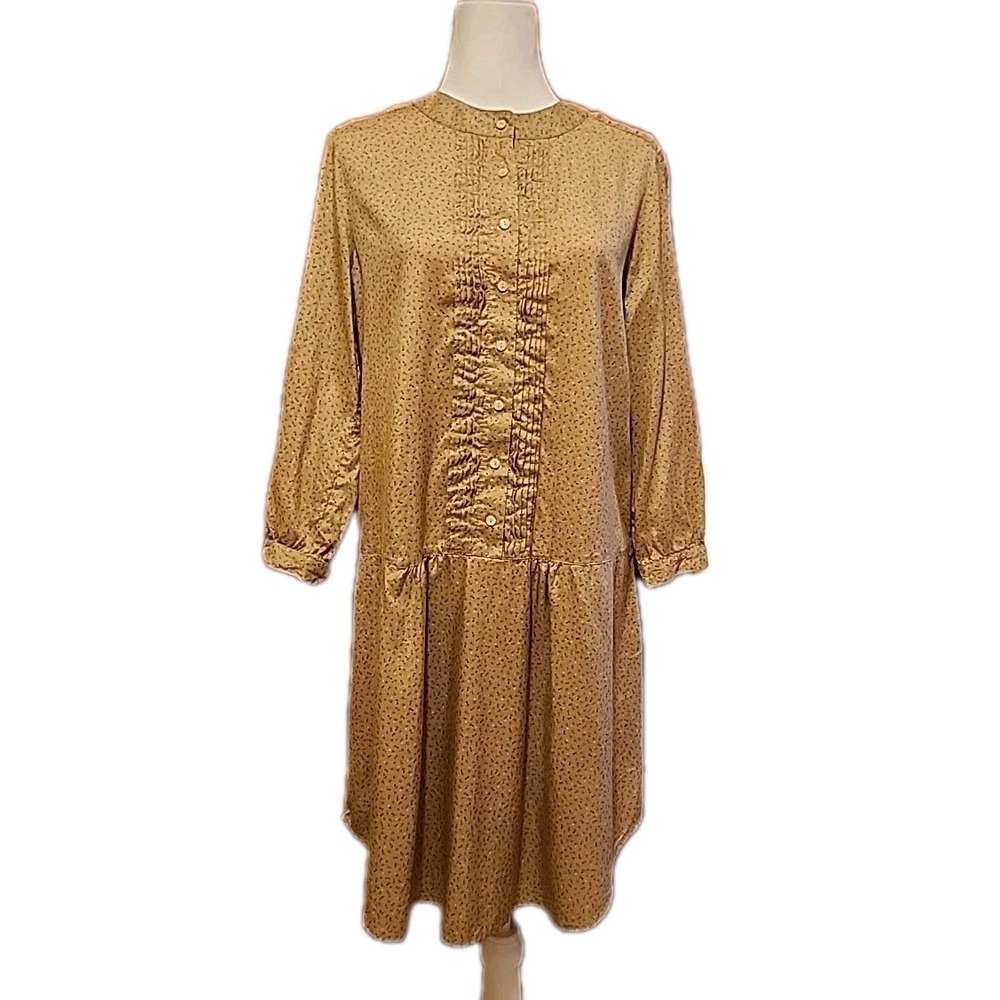 LL Bean Shirt Dress Retro Cottage Prairie Boho‎ Silk Drop Waist Floral Tan Sz 6